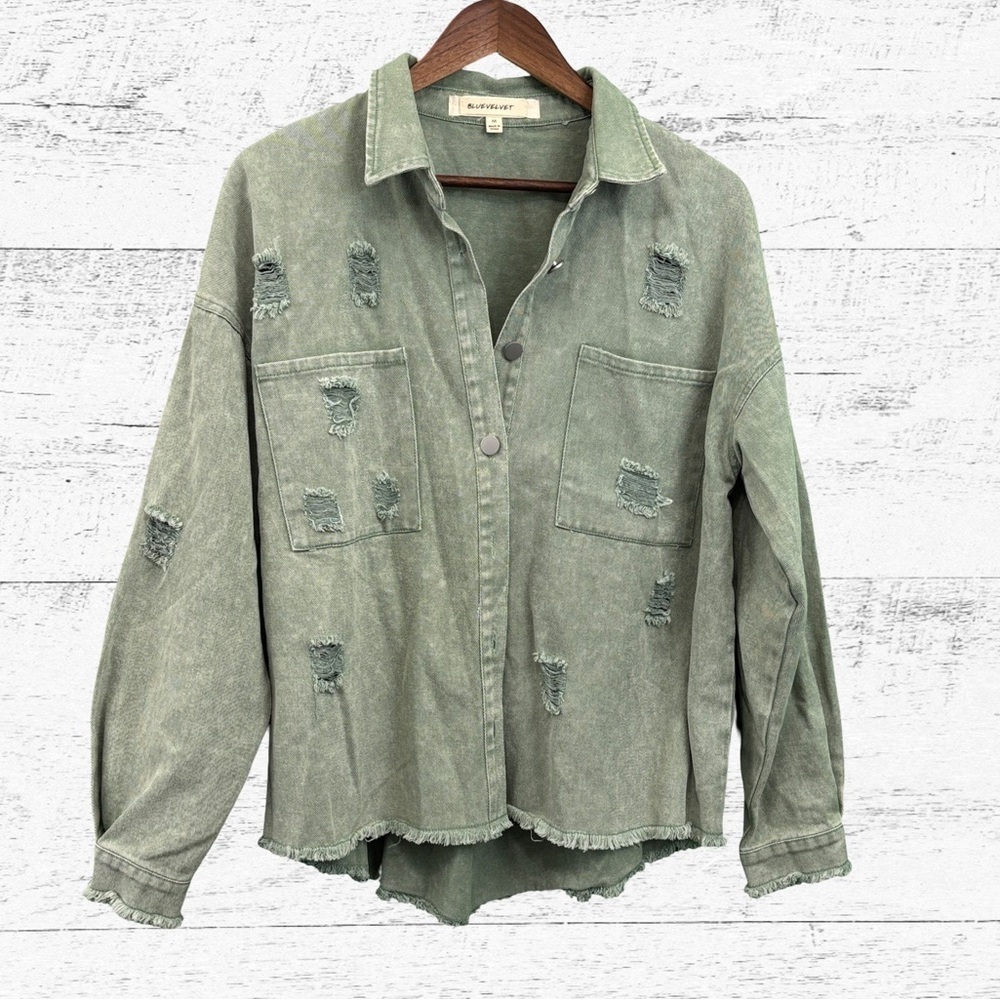BlueVelvet Green Distressed Button Down Shirt